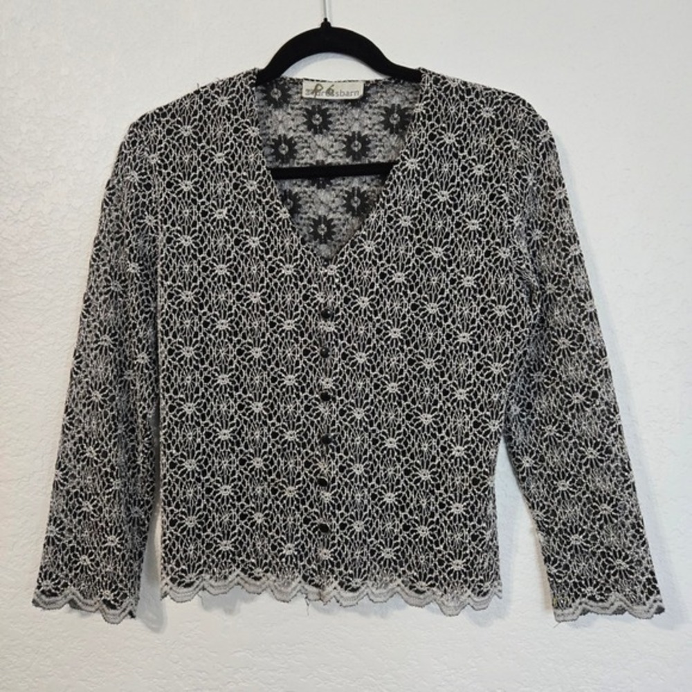 Y2K Women's Black White Floral Lace Faux Button Up‎ Cardigan Sweater Top XS